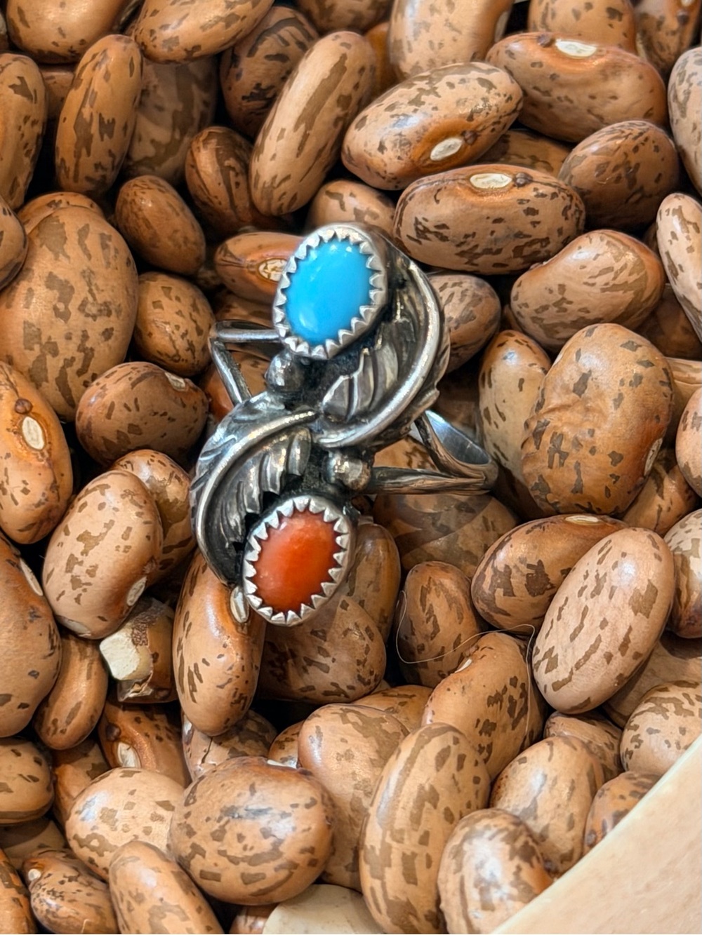 Native Sterling Silver Turquoise and Coral Ring